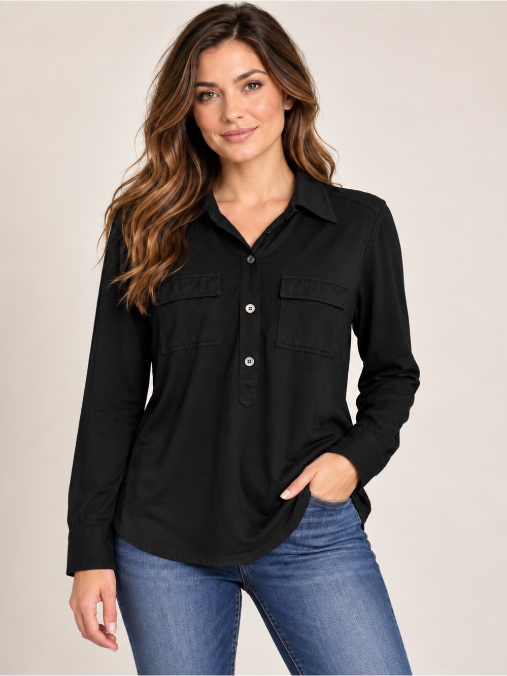 L.L.Bean Black Modal Wool Blend Utility Pullover Shirt Women’s S